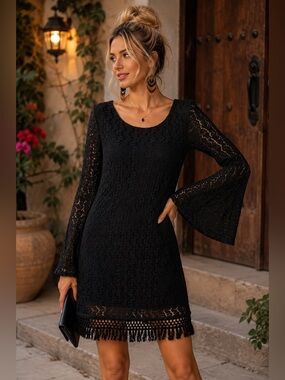 Love Fire Black Crochet Lace Bell Sleeve Boho Dress Size M